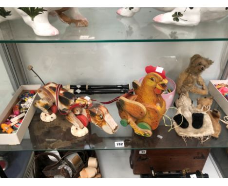 VARIOUS VINTAGE TOYS TO INCLUDE FISHER PRICE PULL ALONG AND SNOOPY, VARIOUS BADGES A COLLECTION OF RUBBERS HAND PUPPETS ETC 