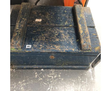 A VINTAGE PAINTED CHEST CONTAINING VARIOUS VINTAGE TOOLS