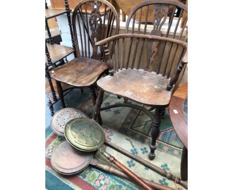 A COUNTRY MADE WINDSOR TYPE ARMCHAIR WITH A CRINOLINE STRETCHER TOGETHER WITH A WHEEL BACK SIDE CHAIR, AN INLAID WALNUT THREE