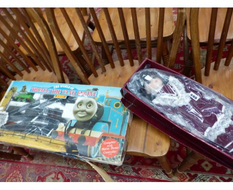 A BOXED THOMAS THE TANK ENGINE ELECTRIC 00 GUAGE TRAIN SET TOGETHER WITH AN ALBERON COLLECTORS DOLL