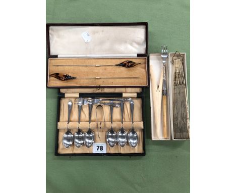 A PAIR OF TORTOISE SHELL CASED HAT PINS A VINTAGE FAN, A GLOVE STRETCHER, PICKLE FORK AND A CASED SET OF SIX HALLMARKED TEASP