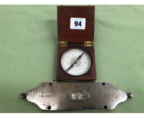 A 19TH CENTURY CAMPAIGN TYPE MAHOGANY CASED COMPASS TOGETHER WITH AN ANTIQUE FRENCH NICKEL PLATED BRASS TALLY COUNTER INSCRIB