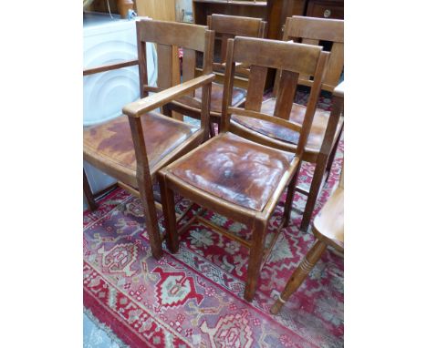 FOUR VINTAGE OAK DINING CHAIRS INCLUDES TWO ARMCHAIRS LEATHER SEATS 