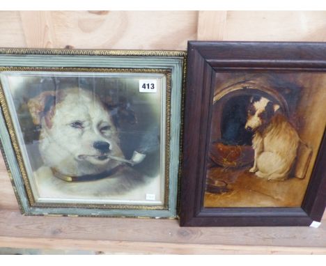 A VINTAGE PEARS PRINT OF A DOG SMOKING A PIPE TOGETHER WITH AN OIL PAINTING OF A DOG (2)