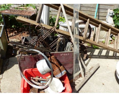 QUANTITY OF BRASS STAIR RODS, VARIOUS TOOLS, HORSE HARNESS, A RAKE ETC