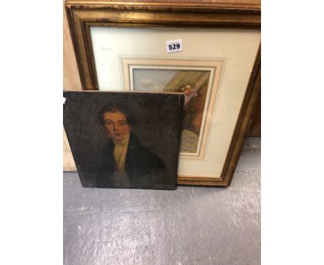 ENGLISH 19th NAIVE SCHOOL PORTRAIT OF A GENTLEMAN, OIL ON PANEL UNFRAMED, 34 x 30 cms, TOGETHER WITH A WATERCOLOUR OF WEARY H