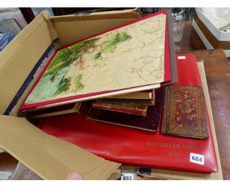 A SMALL COLLECTION OF VINTAGE BOOKS IN GERMAN, A PICTORIAL ALBUM, THREE ORIENTAL WAXED LINEN PAINTINGS, ETC. 