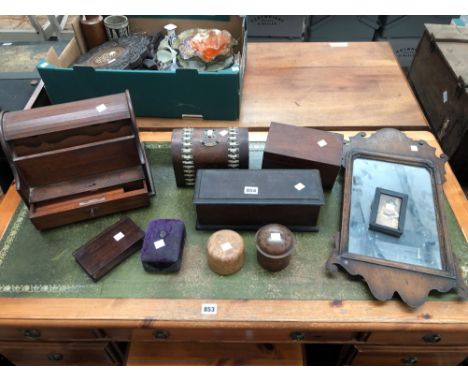 COLLECTION OF VICTORIAN AND LATER DESKTOP ARTICLES INCLUDING VARIOUS BOXES A MIRROR TEA CADDY ETC