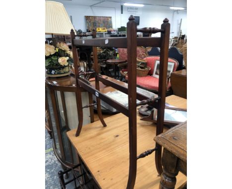 EDWARDIAN MAHOGANY TOWEL RAIL A INLAID SMALL SHELF MIRROR AND A COUNTRY MADE GEORGIAN FRET MIRROR, WITH TWO OTHER MIRRORS