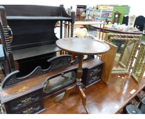 TWO WALL SHELF UNITS, A THREE FOLD DRESSING TABLE MIRROR, A MAHOGANY TRIPOD WINE TABLE AND A VICTORIAN MAHOGANY CABINET BACK 