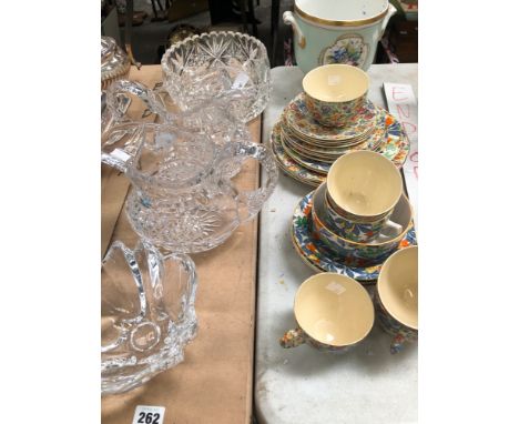 TWO CUT GLASS JUGS AND A BOWL A EMPIRE PART TEA SERVICE A PORTUGUESE PLANTER, VINTAGE PATES ETC. 