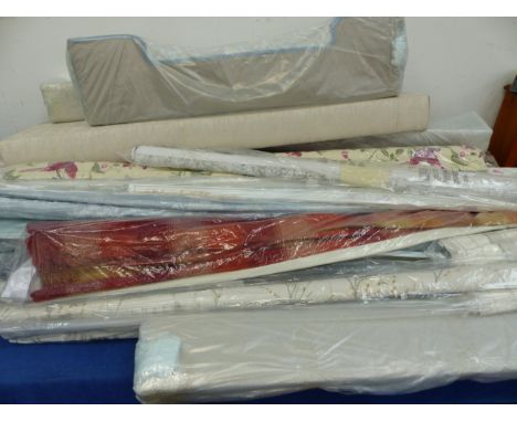 A LARGE QUANTITY OF CURTAIN PELMETS, UNUSED BLINDS, RAILS, TIE BACKS ETC.