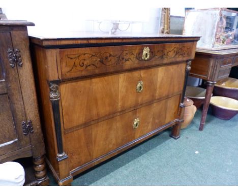 A INLAID FRUIT WOOD BIEDERMEIER THREE DRAWER COMMODE H 85 x W 111 x D 60cms