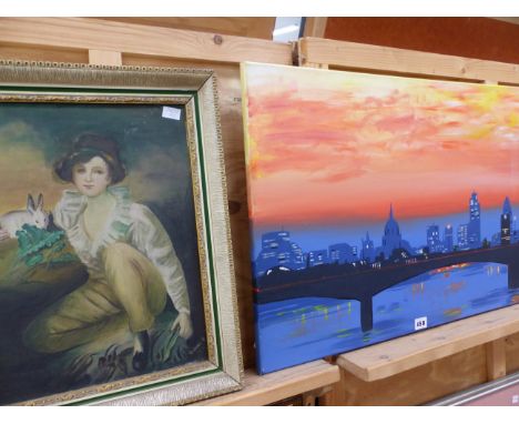 20th CENTURY SCHOOL LONDON CITY SCAPE OIL ON CANVAS UNFRAMED, 50 x 76cms, TOGETHER WITH A DECORATIVE PORTRAIT OF A BOY WITH A
