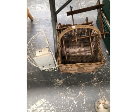 A WICKER BASKET, A SMALL SHELF, A WALL PLINTH AND A WIRE WORK BASKET.