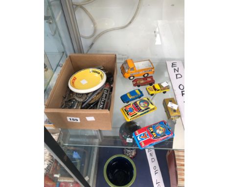 VARIOUS CAR BADGES, PENS AND VINTAGE TOY CARS 