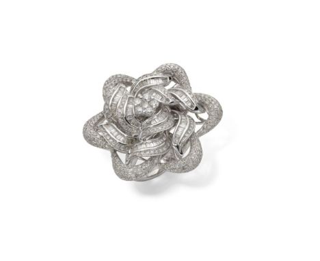18k white gold Camellia-shaped ring set with brilliant-cut diamonds weighing approximately 1.75 ct. and baguette-cut diamonds