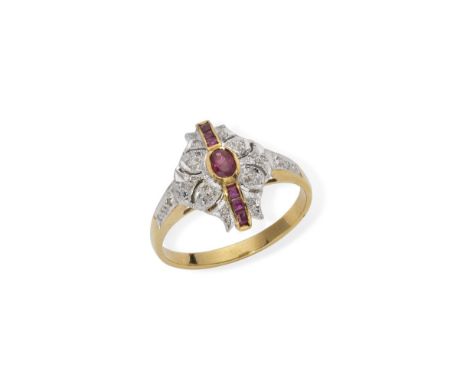 18k yellow gold ring set with brilliant-cut diamonds weighing approximately 0.25 ct., ruby weighing approximately 0.15 ct. an