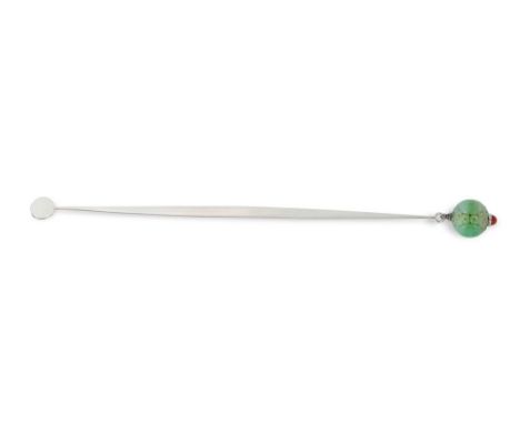 Bookmark with tapering silver blade terminating at one end in a flat disc, and at the other end in a pierced antique Chinese 