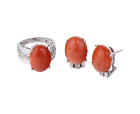 ring 14k white gold set with diamonds (circa 0.10 ct.), cabochon coralHallmark: '585'gross weight: circa 6 gr.size: 54pair of