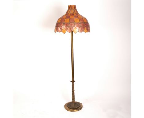 An Art Nouveau brass standard lamp with Tiffany style shade, 158cm high