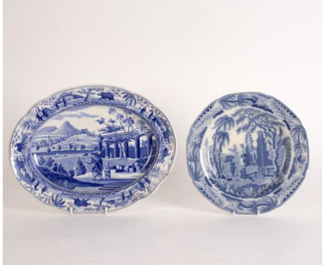 A Spode oval dish printed with City of Corinth pattern from the Caramanian series, 32.5cm wide and a Davenport Chinoiserie Ru