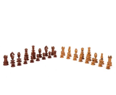 A turned wood chess set of bobbin form, the king 7cm high in a plush lined mahogany box, 25.5cm wide