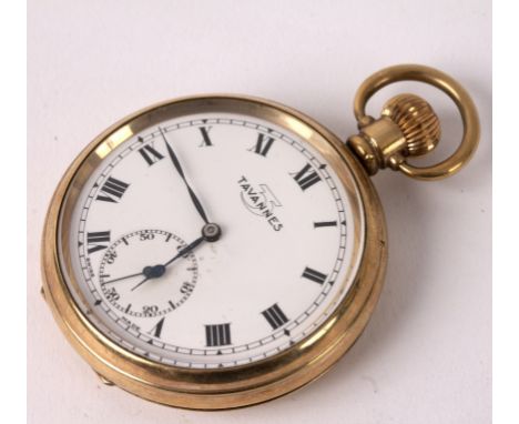 A 9ct gold watch chain with T bar to one end and clip to the other, approximately 10.2gm and an open faced gold plated pocket