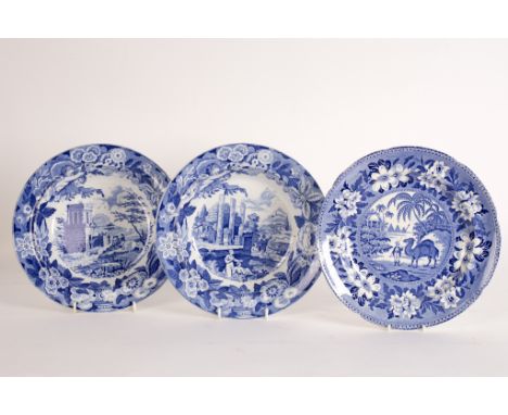 Two Don pottery soup plates printed with Temple of Serphis and Tomb of Theron patterns, two plates printed Elephant and Drome