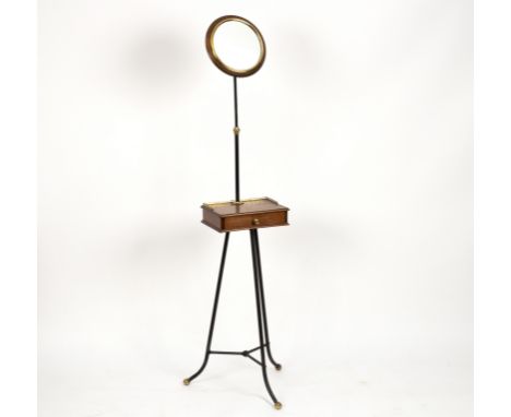 A mahogany shaving stand with adjustable circular mirror, the base with gallery and fitted a drawer on a metal tripod support