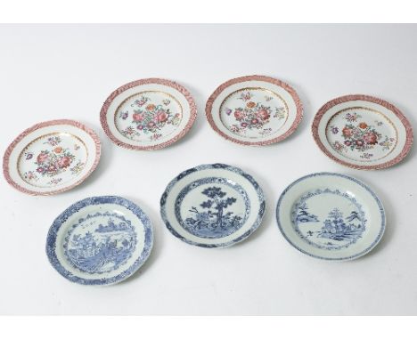 Four Spode New Stone plates decorated floral sprays with pink borders and three Chinese plates decorated garden scenes, circa