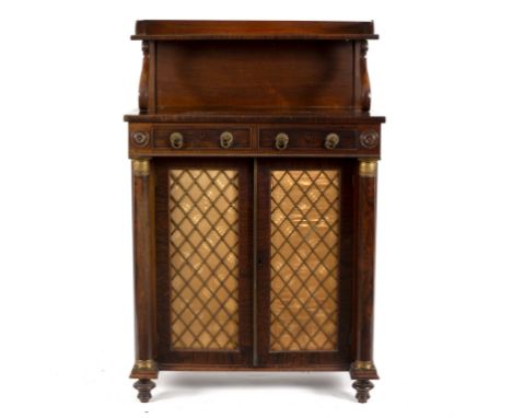 A Regency rosewood chiffonier with galleried shelf above and two drawers and brass grille doors under, 81cm wide/see illustra