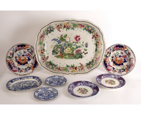 A group of Ironstone china to include a Hicks, Meigh & Johnson polychrome meat plate, a pair of Masons soup plates, a pair of