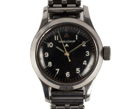 A Jaeger-LeCoultre mark II lady's wristwatch, the black dial with Arabic numerals in a stainless steel case, the back stamped
