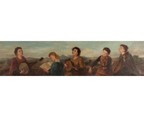 Pre-Raphaelite School/Five Musicians on a terrace playing the 'Old, Old Song' by Charles Kingsley/monogrammed lower right and