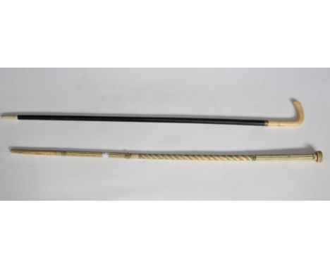 A whalebone walking stick with ivory handle and an ebonised walking stick, the ivory handle initialled Condition Report: This
