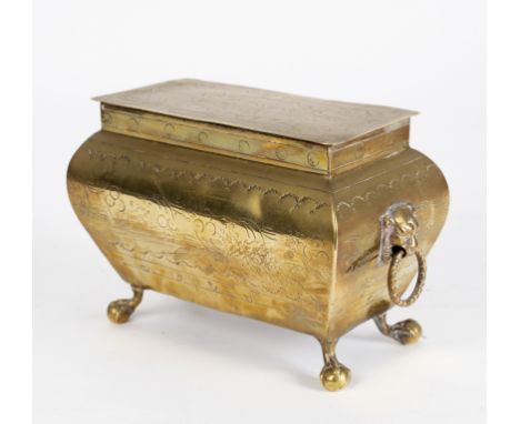 An 18th Century brass tobacco box of sarcophagus form with lion head ring turned handles, the hinged lid engraved F Taylor 17