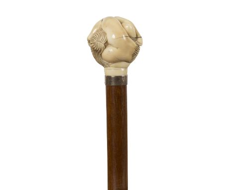 A walking stick with silver collar and carved erotic carved ivory finial/see illustration Condition Report: This lot contains