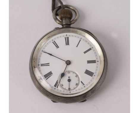 A .935 standard silver cased pocket watch, the white enamel dial with Roman numerals and subsidiary seconds dial, the case nu