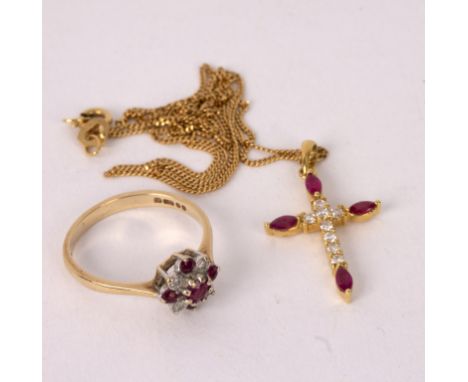 A diamond and ruby cross set in 18K gold to an 18K gold neck chain and a ruby and diamond dress ring set in 9ct gold, size N