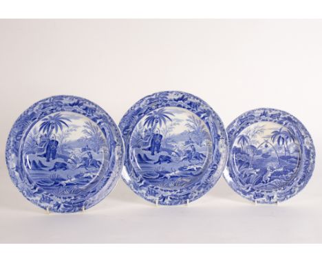 Three Spode Indian sporting Series plates, two Death of the Bear and one small Common Wolf Trap, 25cm and 21cm wide Condition