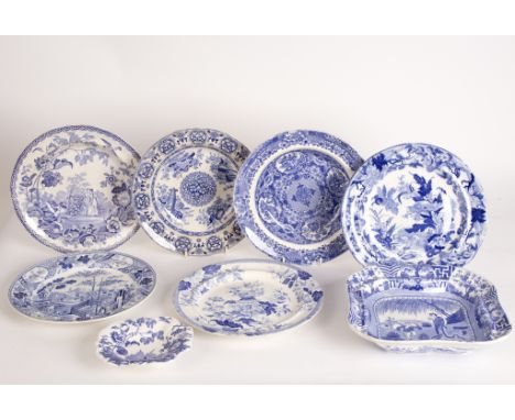 A Spode Long Eliza pattern square tureen base, a Mandarin opaque china soup plate and small dish, two Spode soup plates and a