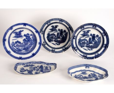 A Thomas Wolfe Two Man Willow pattern tureen stand, two Boy and Buffalo pattern soup plates, another soup plate and a lozenge
