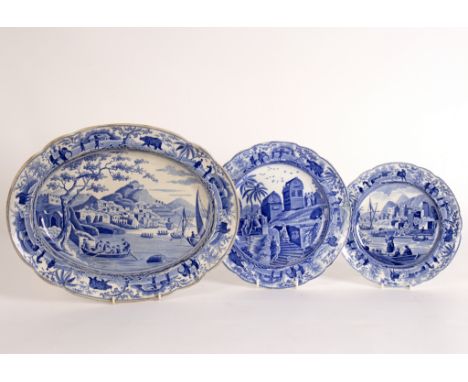 Two Spode Caramanian series plates and an oval dish, Necropolis at Cacamo, Sarcophagi at Cacamo and Harbour at Cacamo, 21.5cm