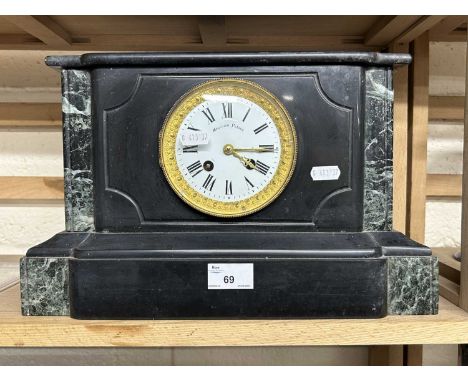 Late 19th Century French black slate and marble cased mantel clock