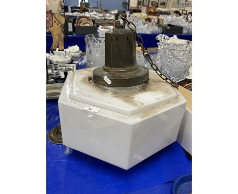 Early 20th Century hanging ceiling light fitting with opaque glass hexagonal shade