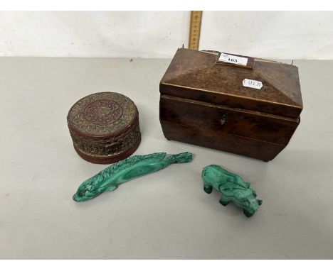 Mixed Lot: A sarcophagus formed tea caddy, for restoration, polished stone fish and rhino ornaments and a further small cover