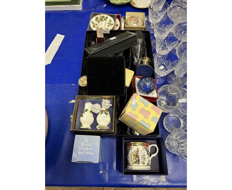 Mixed Lot: Rockingham Crystal champagne flutes, boxed paperweights, cribbage set and other assorted items