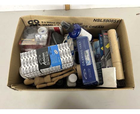 Box of various artists supplies, light meter, Harmonica etc 