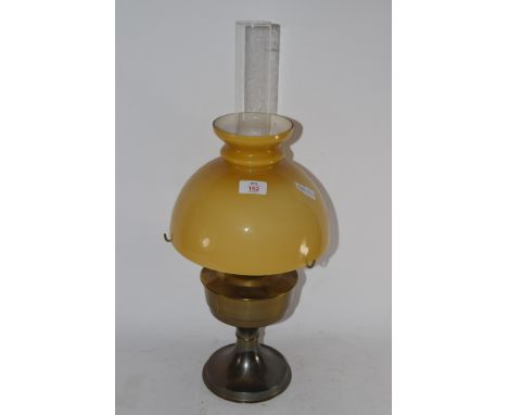 BRASS TABLE LAMP WITH AMBER SHADE AND CHIMNEY